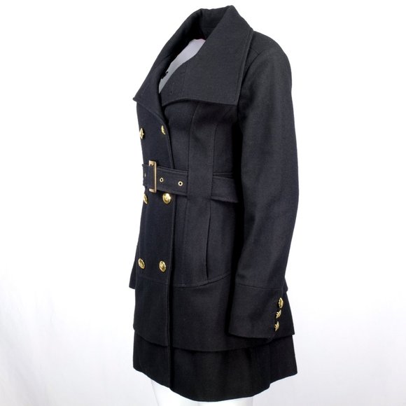 BLACK RIVET Black Wool Peplum Military Trench Coat - Picture 3 of 16